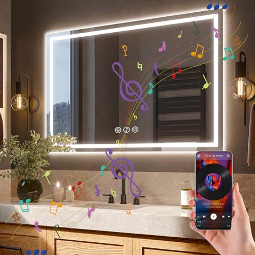 Ratsamee Bluetooth Badspiegel mit Beleuchtung LED, 70x100cm Spiegel mit Light, Wandspiegel mit Frontbeleuchtung, Antibeschlag, Dimmbar, mit 3 Einstellbaren Lichtfarben