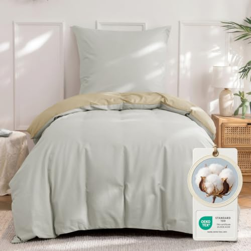 Aisbo Bettwäsche 140x200 Baumwolle - Bettwäsche-Sets Khaki Beige Wendebettwäsche Set mit Kissenbezug 80x80, Oeko-TEX Zweifarbiger Baumwollbettwäsche mit Reißverschluss