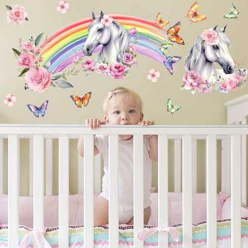 SUPERDANT Regenbogen Wandaufkleber Weißes Pferd Wandsticker Und Schmetterlinge Wandtattoo Selbstklebender Vinyl Wandsticker Für Kinderzimmer Mädchenzimmer Schlafzimmer Kinderzimmer Wohnzimmer
