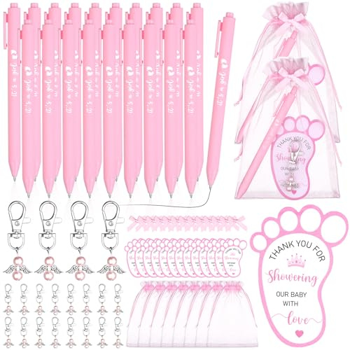 CCCYMM 20 Set Baby Shower Favours for Guests (Pink) | Includes Ballpoint Pen Angel Keychain Organza Bag Bow Thank You Card Baby Shower Return Gift Gender Reveal Party Game Prizes