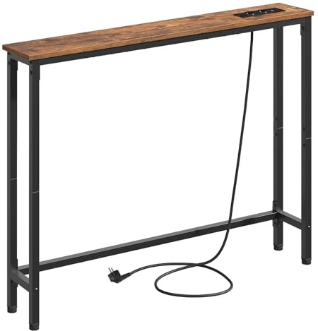 HOOBRO Konsolentisch mit Ladestation, 100 cm Schmaler Beistelltisch, Sofatisch, Eingangstisch, im Wohnzimmer, im Flur, Metallgestell, Vintagebraun und Schwarz EBF52CXG01