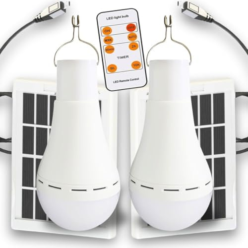 Genérico 2 Bombillas LED Potentes 12W con Panel Solar y Mando Distancia Recargables Placa Solares | Hogar, Terraza, Camping, Apagones, Caravanas, Emergencia, Kit Supervivencia, Establo.