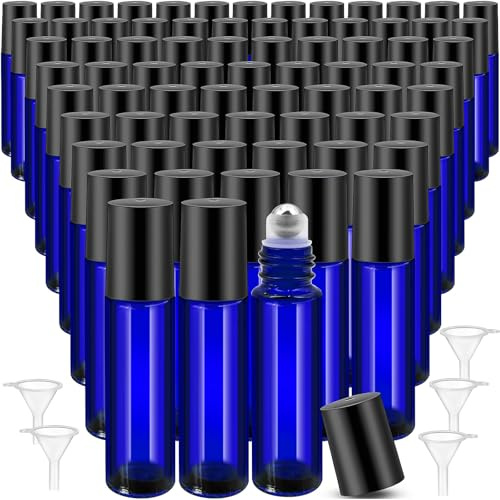 50 Pack 10 ml Essential Oil Roller Ball Bottles, Glass Roll on Bottles Bulk | Refillable Empty Rollball Bottles with Stainless Steel Roller Balls for Essential Oils, Perfume, Cosmetics - Blue