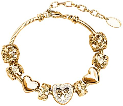 MGJ™ Women's Heart Charm Bracelet with Austrian Crystals – Hypoallergenic Jewellery Gift in Silver, Rose Gold & Gold (Gold)