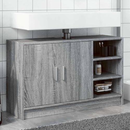 QJBSAVVA Mobile Bagno Grigio Sonoma per Lavabo 90x29x55 cm in Legno Multistrato con Ampio Spazio Salvaspazio Facile Manutenzione per Bagno Piccolo