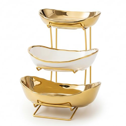 OUAYEMEL Tiered Fruit Bowl with Gold Metal Stand, Ceramic Fruit Bowl for Home Party Kitchen Counter, 3 Tier Fruit Basket for Snacks Candy Bread Storage