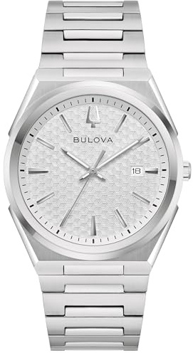 Bulova Men's Quartz Dress Classic Watch, Silver-Tone Stainless Steel Bracelet, Silver-White Dial, Calendar (Style: 96B481)