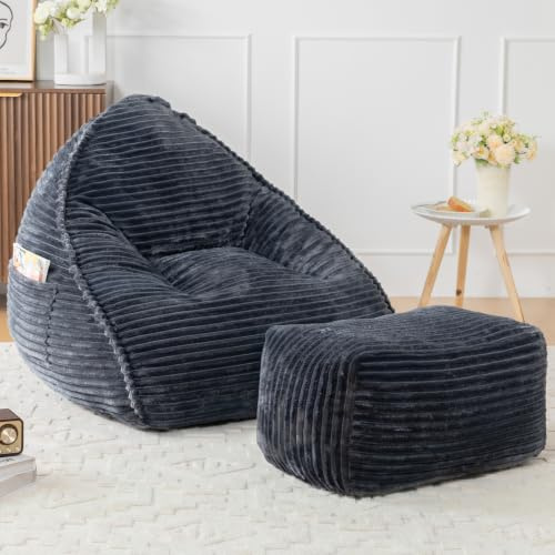 Vamcheer Sitzsack Erwachsene mit Hocker, XXL Bean Bag Chair | Flauschiger Flanellstoff, Sessel mit Schaumstofffüllung, für Wohnzimmer, Schlafzimmer, Jugendzimmer,Grau