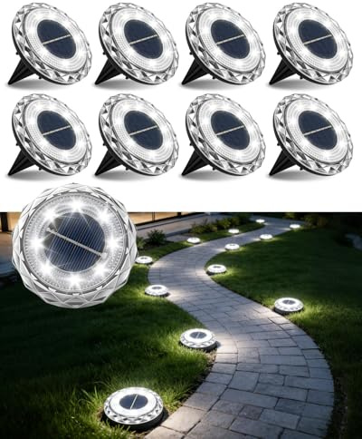 8 Pack Solar Ground Lights Outdoor, 8 LED Solar Disk Lights with 600mAh Battery, IP68 Waterproof Garden Light Auto On/Off, for Lawn, Pathway, Patio, Yard, Landscape & Walkway Lighting (Bright White)