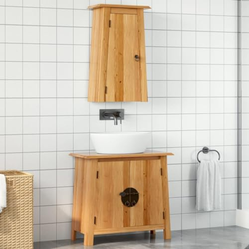 Teenpull 2-TLG. Badmöbel-Set Massivholz Kiefer, 70x32x63 cm Waschbeckenunterschrank & 42x23x70 cm Wandschrank, Vintage-Look für Badezimmer, mit Metallgriffen