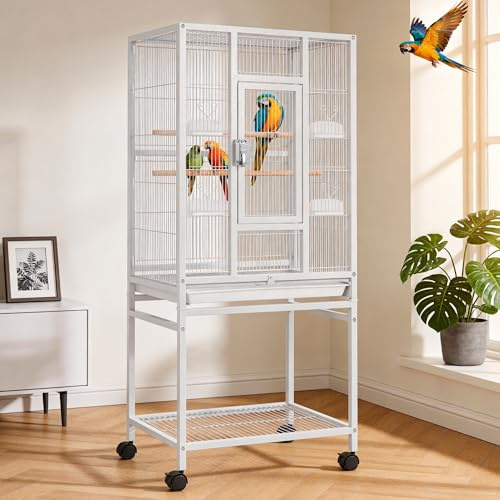 DWVO 53.9-Inch Metal Bird Cage: Large Parrot Cages with Seed Catcher & Cover - Rolling Stand with Brakes for Parakeets, Lovebirds, Cockatiels, Finches and Pigeons