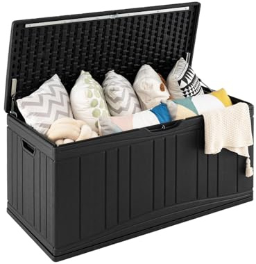 GOPLUS Baúl de Jardín, Cofre Contenedor con Tapa Bloqueable, Doble Palanca, para Herramientas de Jardín, Juguetes y Cojines, Baúl Impermeable para Exterior para Patio, 114 x 55 x 60,5 cm (Negro)