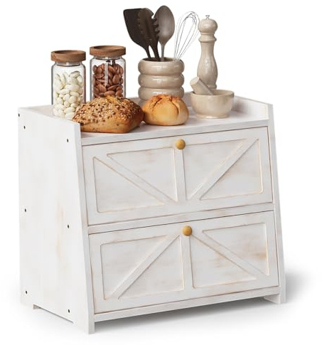 VEDECASA Bamboo Bread Box for Kitchen Counter, Double Layer Bread Bin with Lid, Large Capacity Bread Storage Container for Loaves, Rolls and Pastries, Farmhouse Antique White