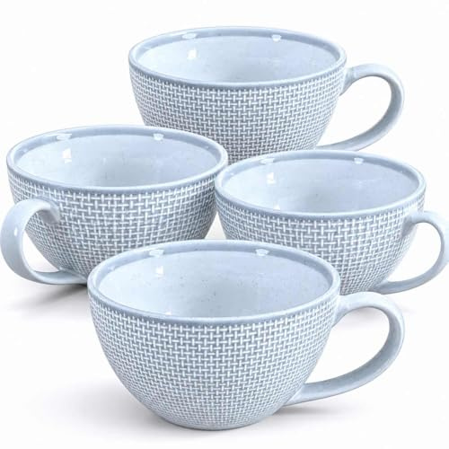 superyes Mist Gray Ceramic Soup Mug Set of 4, Large 15 oz Embossed Basketweave Porcelain Tea Cups with Handle, 4-Piece Wide-Brim Jumbo Cocoa Mugs for Latte, Cappuccino, Oatmeal & Cereal