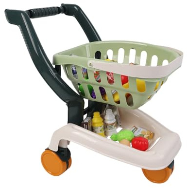 Kids Grocery Shopping Cart Toy Supermarket, 35-Piece Pretend Play Trolley Set with Food Fruit Vegetables Accessories, Green, Girl Boy Ages 3+