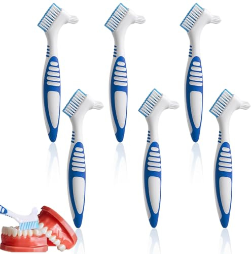 Denture Brush, Retainer Brush, Denture Cleaning Brush for False Teeth, Double Sided Toothbrush, Denture Care Set with Flexible Cleaner, Six Blue Brushes, 28g Per Brush