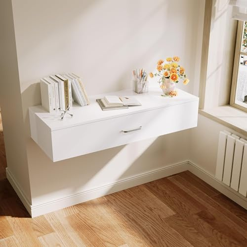 ELEGANT Wall Mounted Dressing Table with Drawer, White Desk, 100x38x20cm