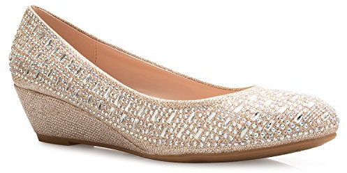 Olivia K Women's Close Round Toe Low Wedge Glitter Rhinestone Comfort