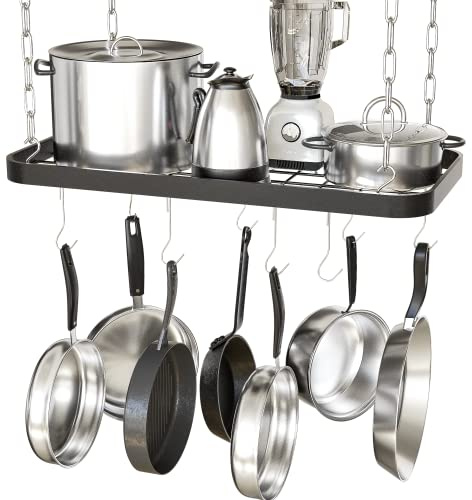 JackCubeDesign Ceiling Mount Grid Pot Pan Rack Hanger Organiser Kitchen Storage Shelf Tray Holder with Utility 8 Hooks(62 x 30 x 3 cm) – :MK397B