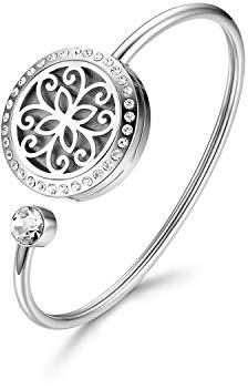 Cupimatch Damen Armband Armspange Edelstahl Armreif Duftarmband zum Öffnen mit Aromatherapie｜Lebensbaum Armband mit Strasssteinen ｜Geschenke für Frauen Mädchen zu Geburtstag Valentinstag Jahrestag