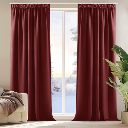 Deconovo Blickdichte Vorhänge Gardine mit Kräuselband Schlafzimmer Balkon Fensterdeko Gardinen, 240x140 cm(HöhexBreite), Rot, 2er Set