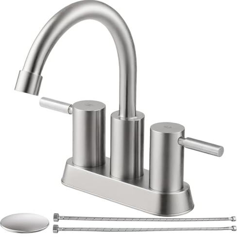IKEBANA Brushed Nickel Bathroom Faucet, 2 Handle Bathroom Sink Faucets Centerset, 360° Swivel High-Arc Spout Modern 4 inch Bath Faucet Lead-Free for Vanity Lavatory with Pop-up Drain & Water Hoses