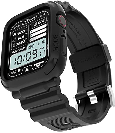elkson Made for Apple Watch Band 45mm 44mm Bumper Case, Quattro Pro Rugged Men Bands for Apple Watch SE and iWatch Series 9 8 7 6 5 4 Cover, Sport Military Protective Cases Drop-Proof, Black