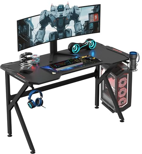 HOMCOM Bureau Gaming Bureau Gamer Bureau Informatique Support Casque Porte-gobelet Passe-câbles Inclus métal MDF Texture Fibre Carbone Noir