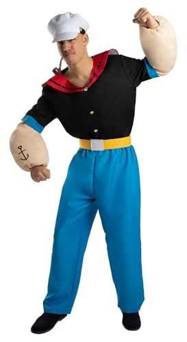 Funidelia Disfraz Oficial de Popeye para hombre, Incluye camisa con cuello, brazos acolchados, cinturón, pantalón y gorra - Traje para adultos para fiestas, Carnaval y Halloween - Talla L
