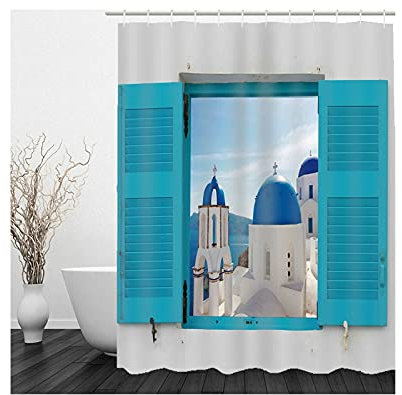 Banemi Duschvorhang Eckig, Duschvorhang Extralang Blau Weiss Flügelhaus Polyestergewebe 90X180cm für Eck Dusche mit 12 Duschvorhangringen