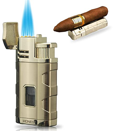 PROMISE Briquet Torche Triple Jet de Flamme Rechargeable au Butane - Allume-cigare Résistant au Vent avec Poinçon à Cigares - Butane Non Inclus (Or-E)