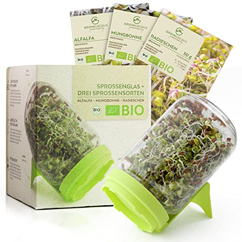 Sprossenglas Keimglas Set mit 3 Bio Sprossen Samen - Microgreens Anzuchtset für knackige Keimsprossen (Alfalfa, Mungbohne, Radieschen)
