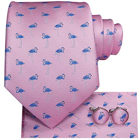 Hi-Tie Mens Tie Set Silk Pink Blue Flamingo Necktie with Pocket Square Cufflinks Set Formal Necktie for Wedding Party