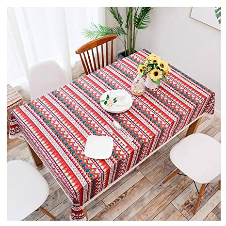 EHOMERY Große Tischdecke Sticken Oil Cloth Tablecloth Streifen Im Vintage-Stil Tischdecke Nach Maß Abwaschbar Tischtuch Mexiko Rot Tischschutz Dekoration 140X220Cm