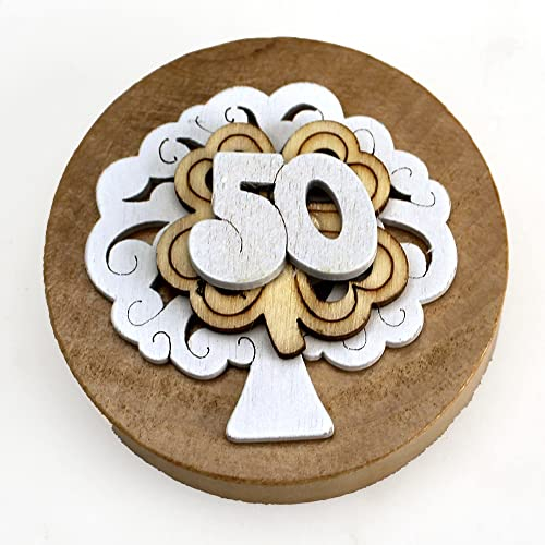 DLM32776 (Kit 6 Pezzi) Apri Bottiglie Apribottiglie con Calamita Design Tondo in Legno Scatolina bambù Albero della Vita e Quadrifoglio 50 Anniversario d'oro Cinquantesimo Matrimonio Nozze bomboniera