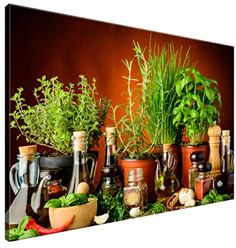 Estika Leinwand bilder - Olivenöl mit frischen Kräutern - 120x80 cm, 1 teilige kunstdruck - Wandbilder wohnzimmer, schlafzimmer, Moderne wanddeko, Bild auf leinwand - Küche bilder - 2054A_1B