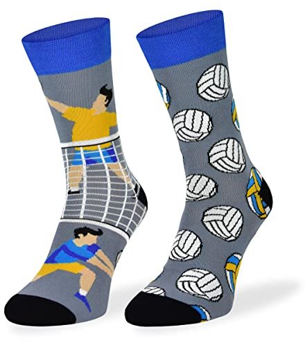 SKIETY Calzini Funky Colorati Non Corrispondenti - Divertenti, Stravaganti e Luminosi - Pazzi e Sciocchi - 70% Cotone - Per Uomo - Pallavolo - 43-46