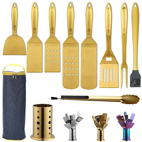 Berglander Gold Grill Zubehör, Edelstahl Titan-Vergoldung BBQ Grillbesteck Set 10 teiliges mit einem Utensilienhalter, Edelstahlgriff, kein Schmelzen, kein Ablösen und hitzebeständig