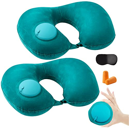 HINATAA Aufblasbares Reisekissen, 2PCS Nackenkissen Aufblasbar, Nackenhörnchen Flugzeug, Auto U Form Kissen, Büro Nackenstützkissen mit Drückender Inflationspumpe/Tasche/Augenmaske/Ohrstöpsel (Grün)