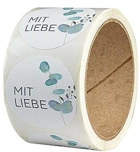 Aufkleber Mit Liebe – 50 Stück – Naturpapier, Motiv: Eukalyptus, rund – Ø 4 cm – als Sticker oder Etiketten für Hochzeit, Weihnachten, Einschulung – handmade, Marmelade, Kerzen