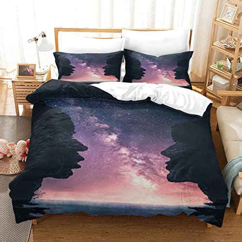 Bettwäsche 135X200Cm 3 Teilig 3D Lila Sternenhimmel-Steinstatue Druck Bettbezug Set, Baby Bettwäsche Weiche Flauschige Hypoallergen Mikrofaser Bettbezüge Mit Reißverschluss Und 2 Kopfkissenbezug