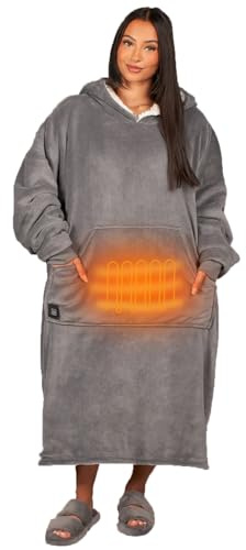 OHS Heated Hoodies for Women Grey, Mothers Day Gifts Extra Long Blanket Hoodie Soft Sherpa Fleece Warm Electric Oversized Heated Jumper Hooded Snoodie Wearable Blanket USB Powerbank Charging