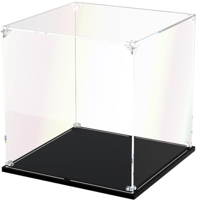 DOFOPO Acryl Vitrine Schaukasten Selbstmontage Klar Acrylbox 25 x 25 x 25cm | Staubdichte Transparente Display case für Lego Figuren, Modelle Spielzeug mit Schwarzer Basis; Handschuhe Putztuch