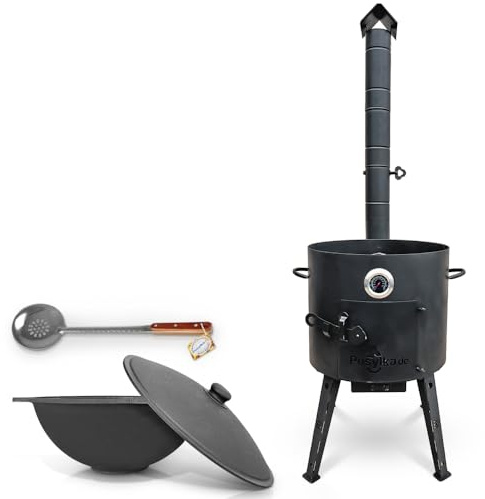 Utschak Uchag Feuerofen Ø 40 cm 2 mm Stahl mit Usbekische Kazan 12 L flacher Boden Thermometer Schaumlöffel für Plov 48 cm Казан Учаг Kasan Asia (Set 2)