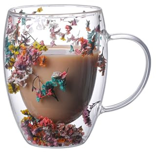Xfeyaqlo 350ml Vaso Doble Pared, Vasos Cafe Cristal Flores Secas, Bonitos Taza Cristal Cafe Vasos de Te (F)