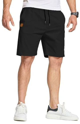 JustSun Short Homme Bermuda Coton Short Cargo Homme Ete Chino Sport Short Pantalon Décontracté Short Court Homme Taille éLastiquéE avec Poches Noir L