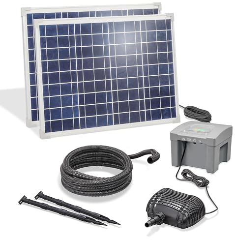 esotec Solar Bachlaufpumpenset 100 4200, LiFePO4 Akku, Bachlaufpumpe 4200 l/h, Erdspieß, Solarmodule 100 Watt, Solarbrunnen Vogeltränke, DIY Springbrunnen Wasserspiel, Komplettset, außen 101943