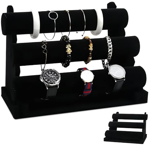PRITOK Présentoir à bracelets en velours avec 3 étages amovibles - Présentoir à bijoux amovible pour montres, bracelets, colliers et bijoux à la main - Noir