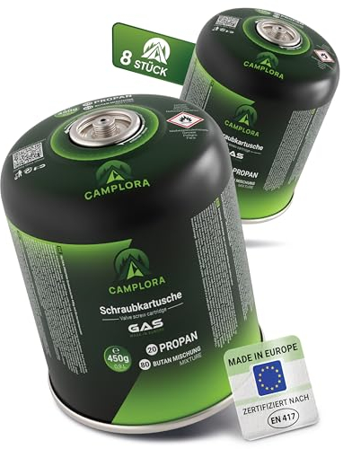 CAMPLORA 8x 450g Gaskartuschen passend für Weber Gasgrill Q100/1000-Serie, Propangas & Butangas, Schraubkartusche mit Gewinde für Campingkocher Gas Kartuschen Schraubventil Gasflaschen butane