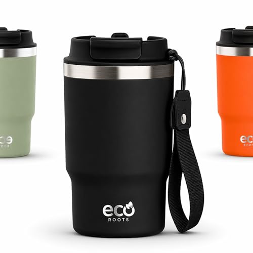 ECOROOTS Thunder – Bouteille Isotherme 470 ml | Gobelet Acier Inox. Sans BPA | Couvercle 3 en 1 Antifuite avec Paille | Pour Café, Eau Fraîche et Plus | Idéale comme Cadeau (NOIR ANTHRACITE)